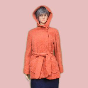 Vintage Handmade Hooded, Belted Jacket ~ Orange Fuzzy Fabric ~ Washable